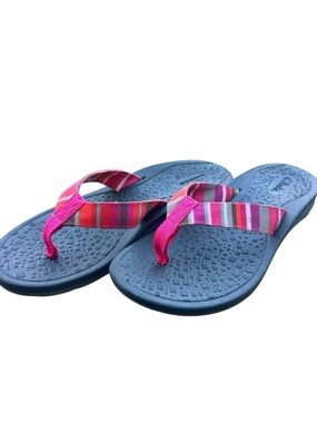Clarks Blue Sandal Flip Flops with Pink Multi-Stripe Straps